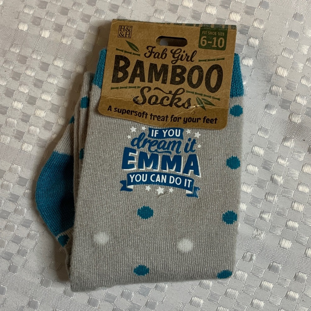 Fab Girl blue and grey personalized Bamboo Socks , with the name Emma.